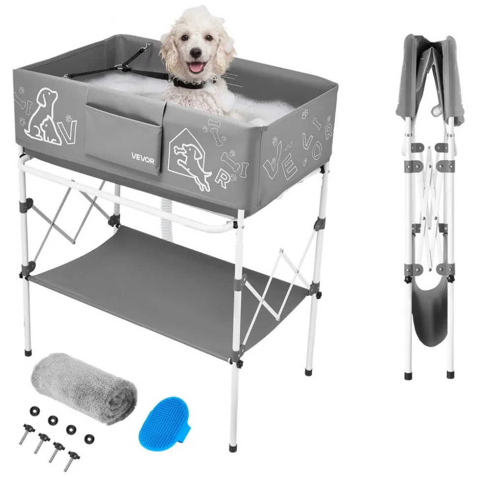 VEVOR Dog Bathtub, Elevated Dog Bath Tub, Collapsible Pet Bathing Grooming Wash Station, Portable Foldable Space-saving, with Built-In Drain Hose for Small and Medium Pet Cat Indoor & Outdoor, Gray
