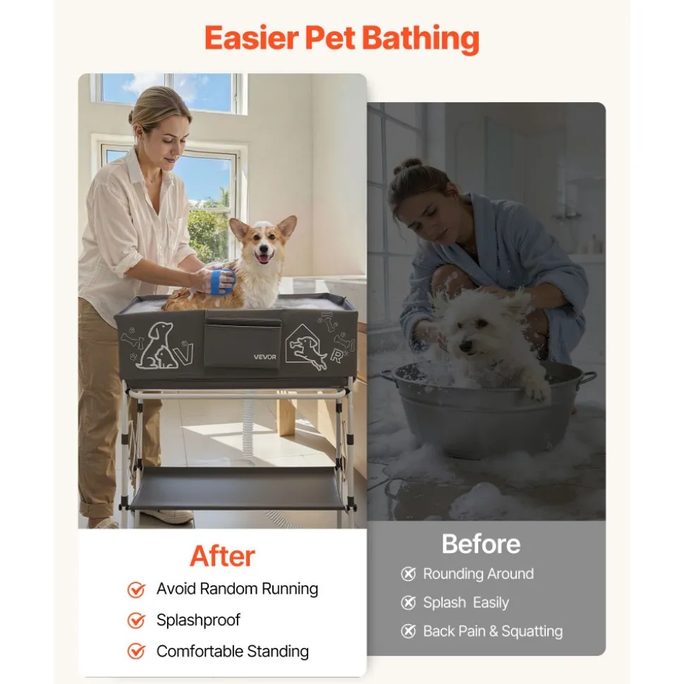 VEVOR Dog Bathtub, Elevated Dog Bath Tub, Collapsible Pet Bathing Grooming Wash Station, Portable Foldable Space-saving, with Built-In Drain Hose for Small and Medium Pet Cat Indoor & Outdoor, Gray