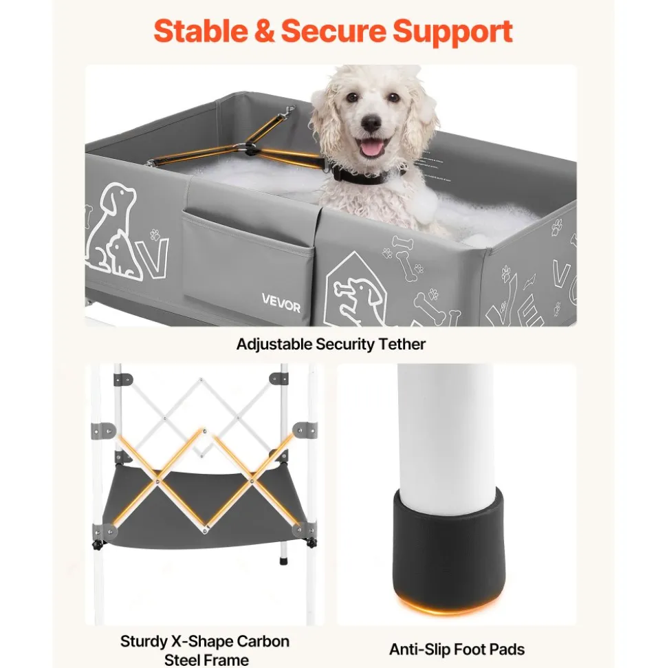 VEVOR Dog Bathtub, Elevated Dog Bath Tub, Collapsible Pet Bathing Grooming Wash Station, Portable Foldable Space-saving, with Built-In Drain Hose for Small and Medium Pet Cat Indoor & Outdoor, Gray