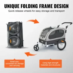 VEVOR Dog Bike Trailer, Supports up to 88 lbs, 2-in-1 Pet Stroller Cart Bicycle Carrier, Easy Folding Cart Frame with Quick Release Wheels, Universal Bicycle Coupler, Reflectors, Flag, Black/Gray