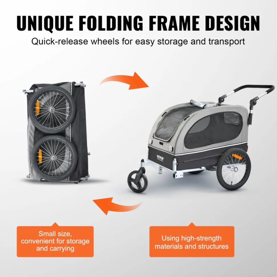 VEVOR Dog Bike Trailer, Supports up to 88 lbs, 2-in-1 Pet Stroller Cart Bicycle Carrier, Easy Folding Cart Frame with Quick Release Wheels, Universal Bicycle Coupler, Reflectors, Flag, Black/Gray