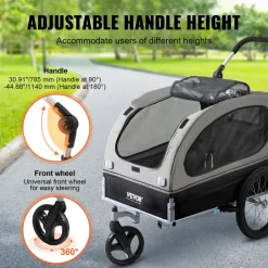 VEVOR Dog Bike Trailer, Supports up to 88 lbs, 2-in-1 Pet Stroller Cart Bicycle Carrier, Easy Folding Cart Frame with Quick Release Wheels, Universal Bicycle Coupler, Reflectors, Flag, Black/Gray