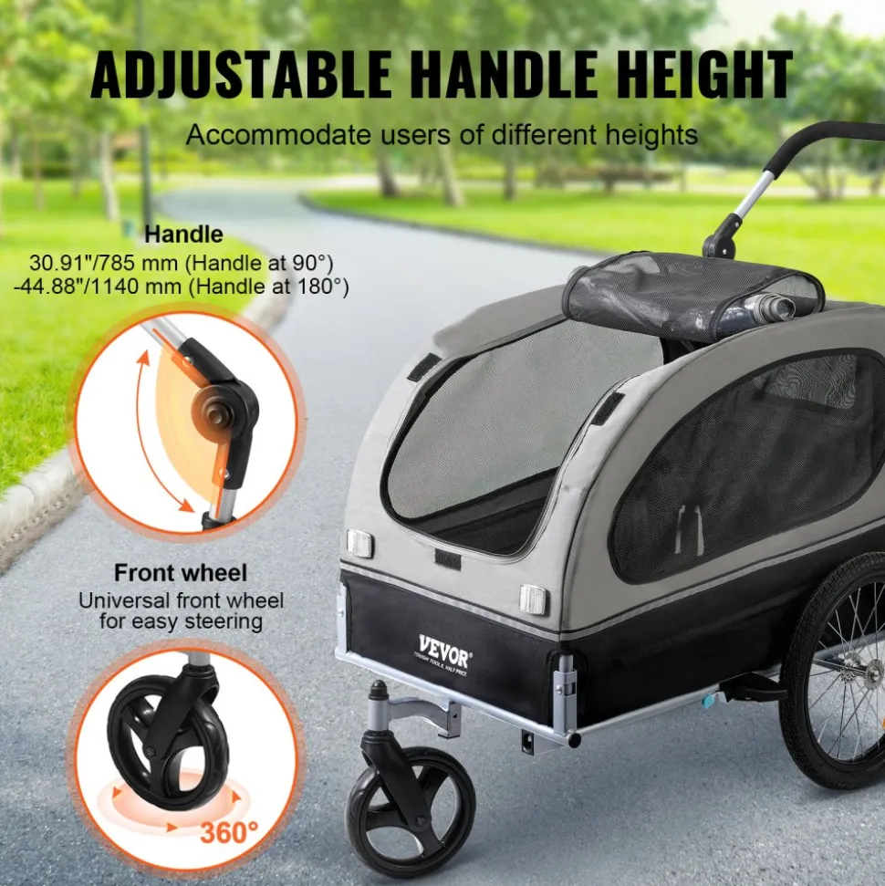 VEVOR Dog Bike Trailer, Supports up to 88 lbs, 2-in-1 Pet Stroller Cart Bicycle Carrier, Easy Folding Cart Frame with Quick Release Wheels, Universal Bicycle Coupler, Reflectors, Flag, Black/Gray