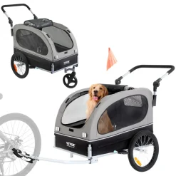 VEVOR Dog Bike Trailer, Supports up to 88 lbs, 2-in-1 Pet Stroller Cart Bicycle Carrier, Easy Folding Cart Frame with Quick Release Wheels, Universal Bicycle Coupler, Reflectors, Flag, Black/Gray