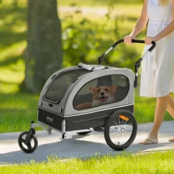 VEVOR Dog Bike Trailer, Supports up to 88 lbs, 2-in-1 Pet Stroller Cart Bicycle Carrier, Easy Folding Cart Frame with Quick Release Wheels, Universal Bicycle Coupler, Reflectors, Flag, Black/Gray