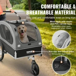 VEVOR Dog Bike Trailer, Supports up to 88 lbs, 2-in-1 Pet Stroller Cart Bicycle Carrier, Easy Folding Cart Frame with Quick Release Wheels, Universal Bicycle Coupler, Reflectors, Flag, Black/Gray