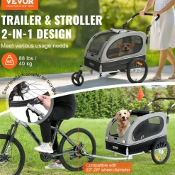 VEVOR Dog Bike Trailer, Supports up to 88 lbs, 2-in-1 Pet Stroller Cart Bicycle Carrier, Easy Folding Cart Frame with Quick Release Wheels, Universal Bicycle Coupler, Reflectors, Flag, Black/Gray