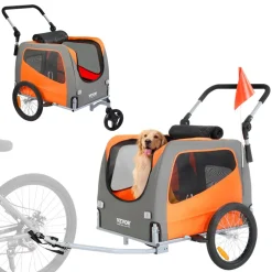 VEVOR Dog Bike Trailer, Supports up to 66 lbs, 2-in-1 Pet Stroller Cart Bicycle Carrier, Easy Folding Cart Frame with Quick Release Wheels, Universal Bicycle Coupler, Reflectors, Flag, Orange/Gray