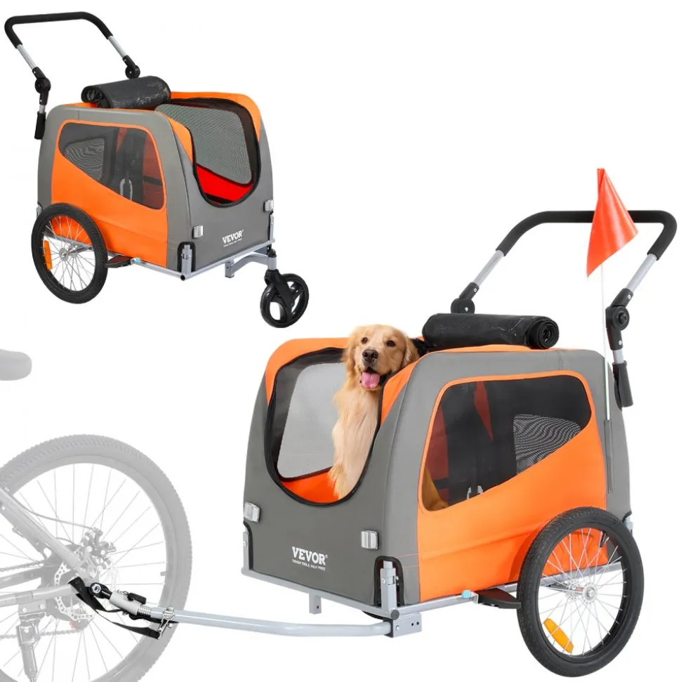 VEVOR Dog Bike Trailer, Supports up to 66 lbs, 2-in-1 Pet Stroller Cart Bicycle Carrier, Easy Folding Cart Frame with Quick Release Wheels, Universal Bicycle Coupler, Reflectors, Flag, Orange/Gray