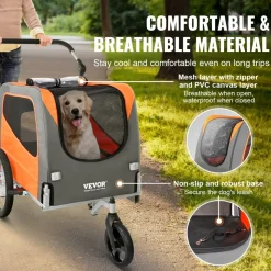 VEVOR Dog Bike Trailer, Supports up to 66 lbs, 2-in-1 Pet Stroller Cart Bicycle Carrier, Easy Folding Cart Frame with Quick Release Wheels, Universal Bicycle Coupler, Reflectors, Flag, Orange/Gray
