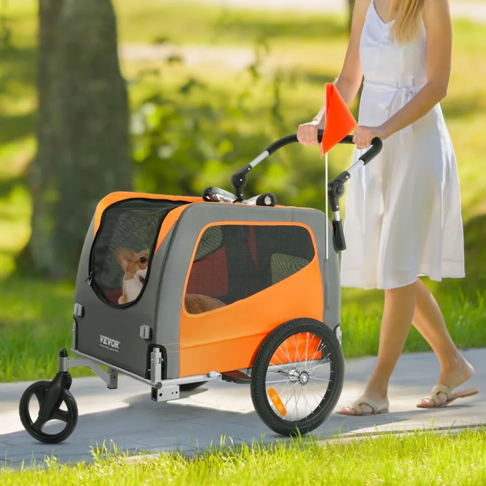 VEVOR Dog Bike Trailer, Supports up to 66 lbs, 2-in-1 Pet Stroller Cart Bicycle Carrier, Easy Folding Cart Frame with Quick Release Wheels, Universal Bicycle Coupler, Reflectors, Flag, Orange/Gray
