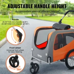 VEVOR Dog Bike Trailer, Supports up to 66 lbs, 2-in-1 Pet Stroller Cart Bicycle Carrier, Easy Folding Cart Frame with Quick Release Wheels, Universal Bicycle Coupler, Reflectors, Flag, Orange/Gray