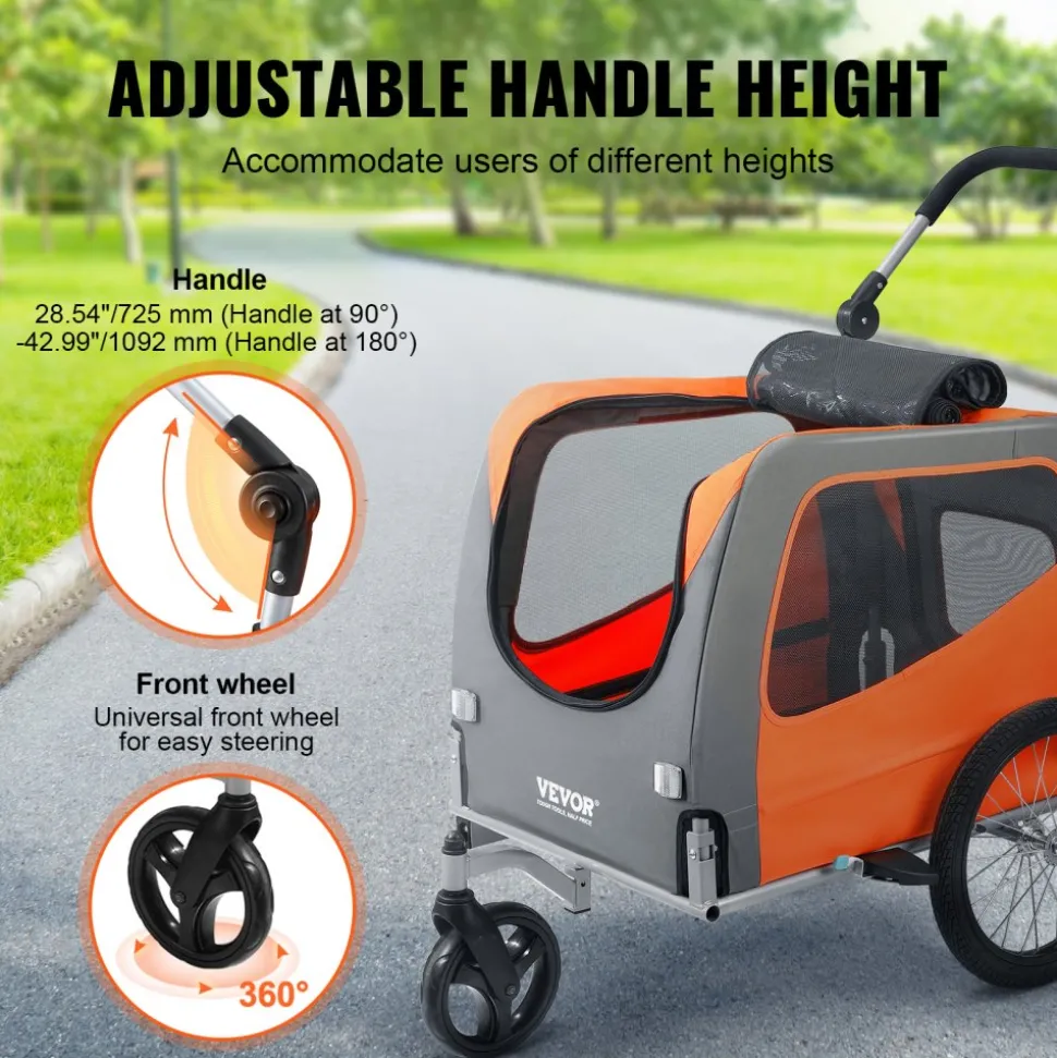 VEVOR Dog Bike Trailer, Supports up to 66 lbs, 2-in-1 Pet Stroller Cart Bicycle Carrier, Easy Folding Cart Frame with Quick Release Wheels, Universal Bicycle Coupler, Reflectors, Flag, Orange/Gray