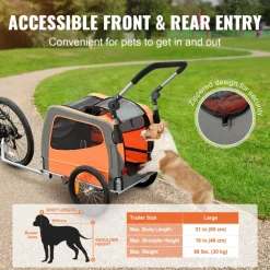 VEVOR Dog Bike Trailer, Supports up to 66 lbs, 2-in-1 Pet Stroller Cart Bicycle Carrier, Easy Folding Cart Frame with Quick Release Wheels, Universal Bicycle Coupler, Reflectors, Flag, Orange/Gray
