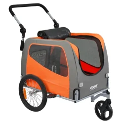 VEVOR Dog Bike Trailer, Supports up to 66 lbs, 2-in-1 Pet Stroller Cart Bicycle Carrier, Easy Folding Cart Frame with Quick Release Wheels, Universal Bicycle Coupler, Reflectors, Flag, Orange/Gray