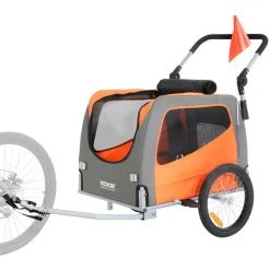 VEVOR Dog Bike Trailer, Supports up to 66 lbs, 2-in-1 Pet Stroller Cart Bicycle Carrier, Easy Folding Cart Frame with Quick Release Wheels, Universal Bicycle Coupler, Reflectors, Flag, Orange/Gray