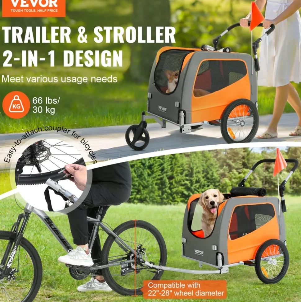 VEVOR Dog Bike Trailer, Supports up to 66 lbs, 2-in-1 Pet Stroller Cart Bicycle Carrier, Easy Folding Cart Frame with Quick Release Wheels, Universal Bicycle Coupler, Reflectors, Flag, Orange/Gray
