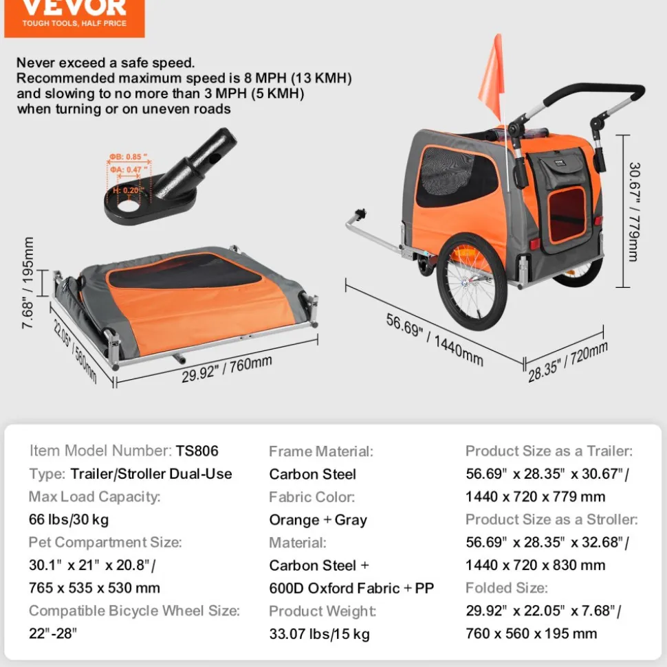 VEVOR Dog Bike Trailer, Supports up to 66 lbs, 2-in-1 Pet Stroller Cart Bicycle Carrier, Easy Folding Cart Frame with Quick Release Wheels, Universal Bicycle Coupler, Reflectors, Flag, Orange/Gray