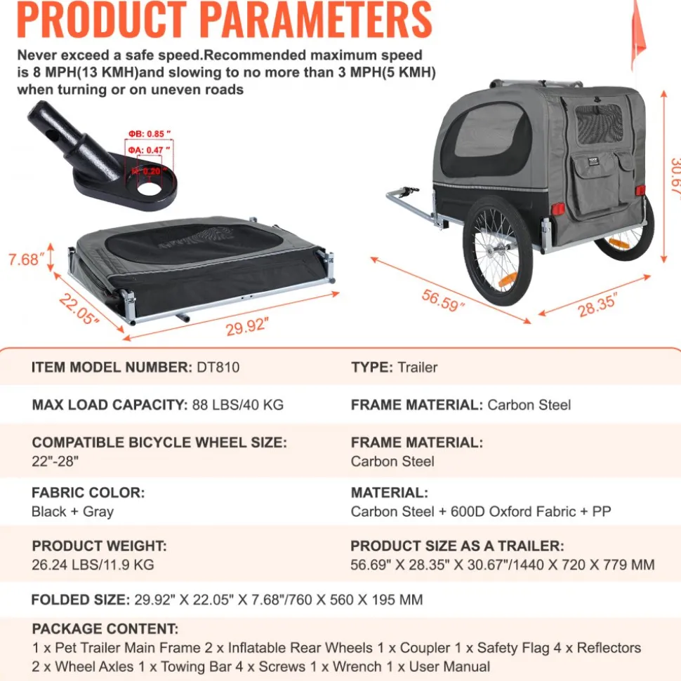 VEVOR Dog Bike Trailer, Supports up to 88 lbs, Pet Cart Bicycle Carrier, Easy Folding Frame with Quick Release Wheels, Universal Bicycle Coupler, Reflectors, Flag, Collapsible to Store, Black/Gray