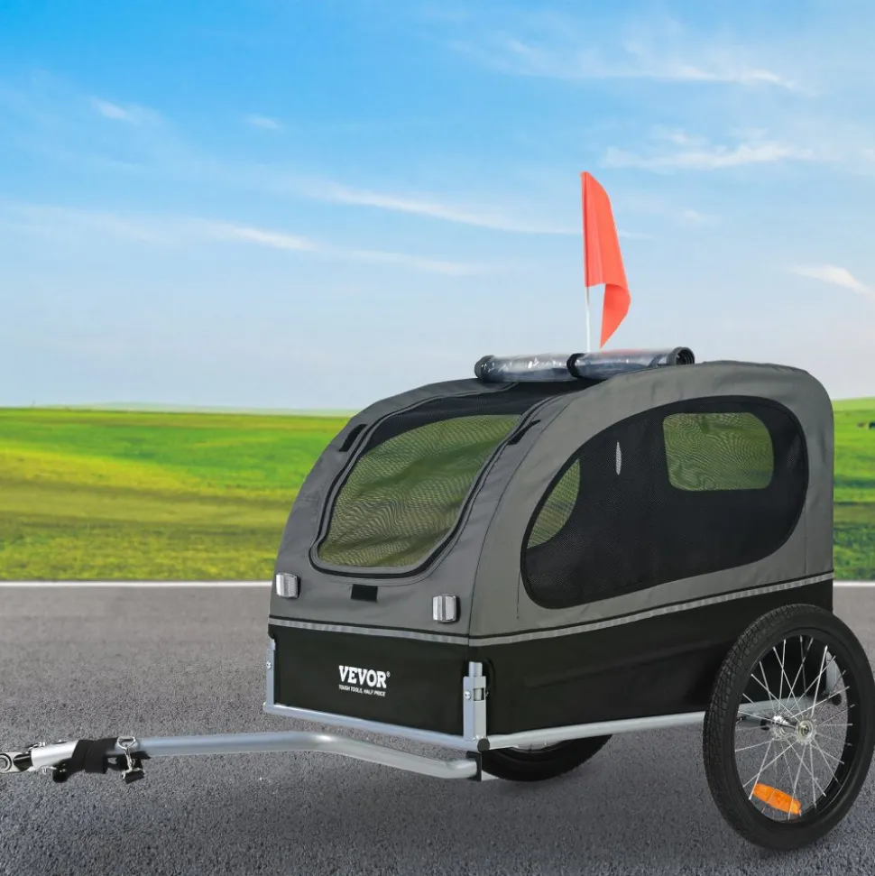 VEVOR Dog Bike Trailer, Supports up to 88 lbs, Pet Cart Bicycle Carrier, Easy Folding Frame with Quick Release Wheels, Universal Bicycle Coupler, Reflectors, Flag, Collapsible to Store, Black/Gray