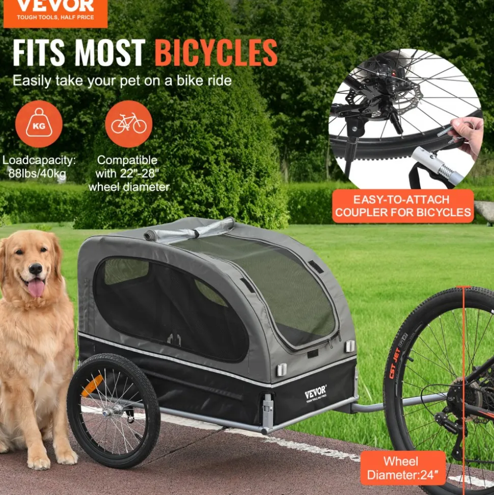 VEVOR Dog Bike Trailer, Supports up to 88 lbs, Pet Cart Bicycle Carrier, Easy Folding Frame with Quick Release Wheels, Universal Bicycle Coupler, Reflectors, Flag, Collapsible to Store, Black/Gray