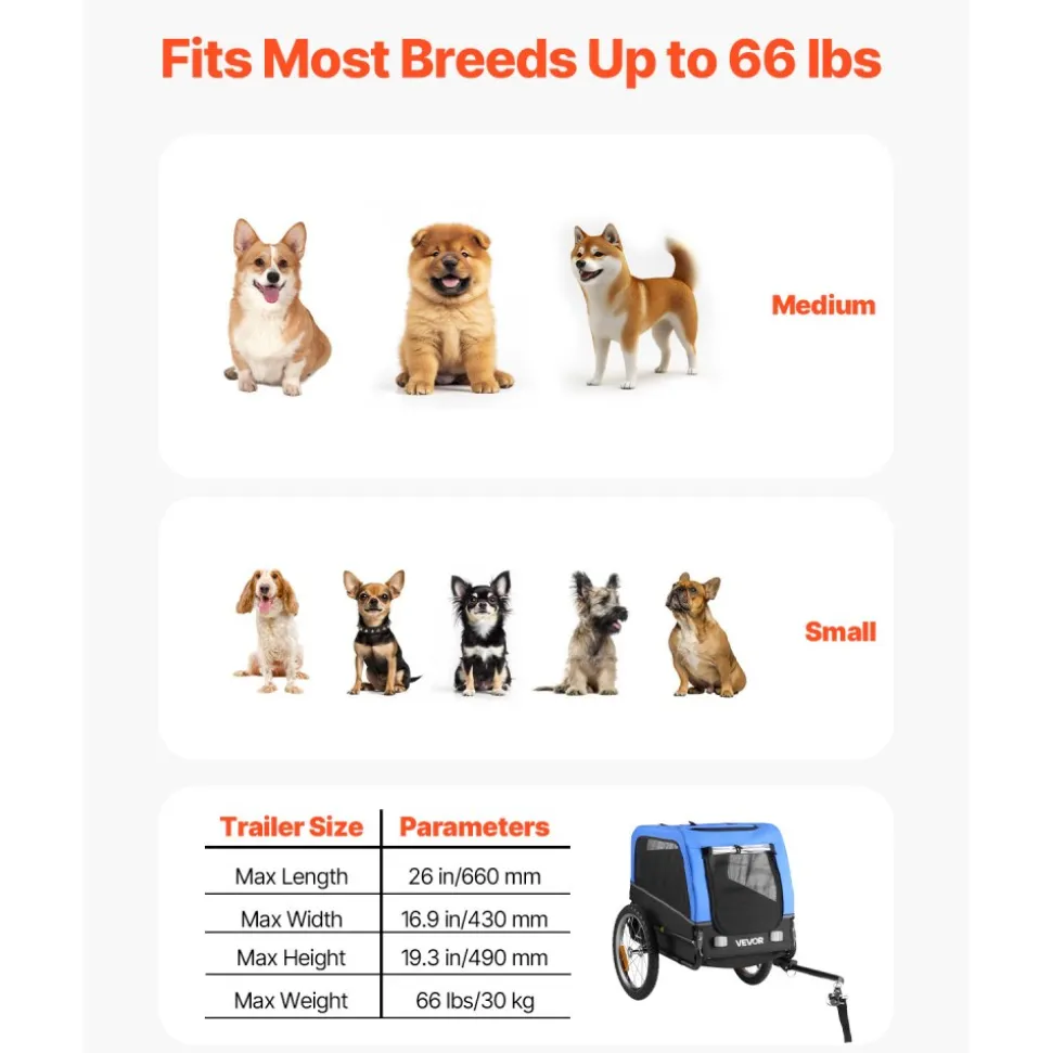 VEVOR Dog Bike Trailer, Supports up to 66 lbs, Pet Cart Bicycle Carrier for Small & Medium Dogs, Easy Folding Frame with Quick Release Wheel, Universal Bicycle Coupler, Reflector, Flag, Internal Leash