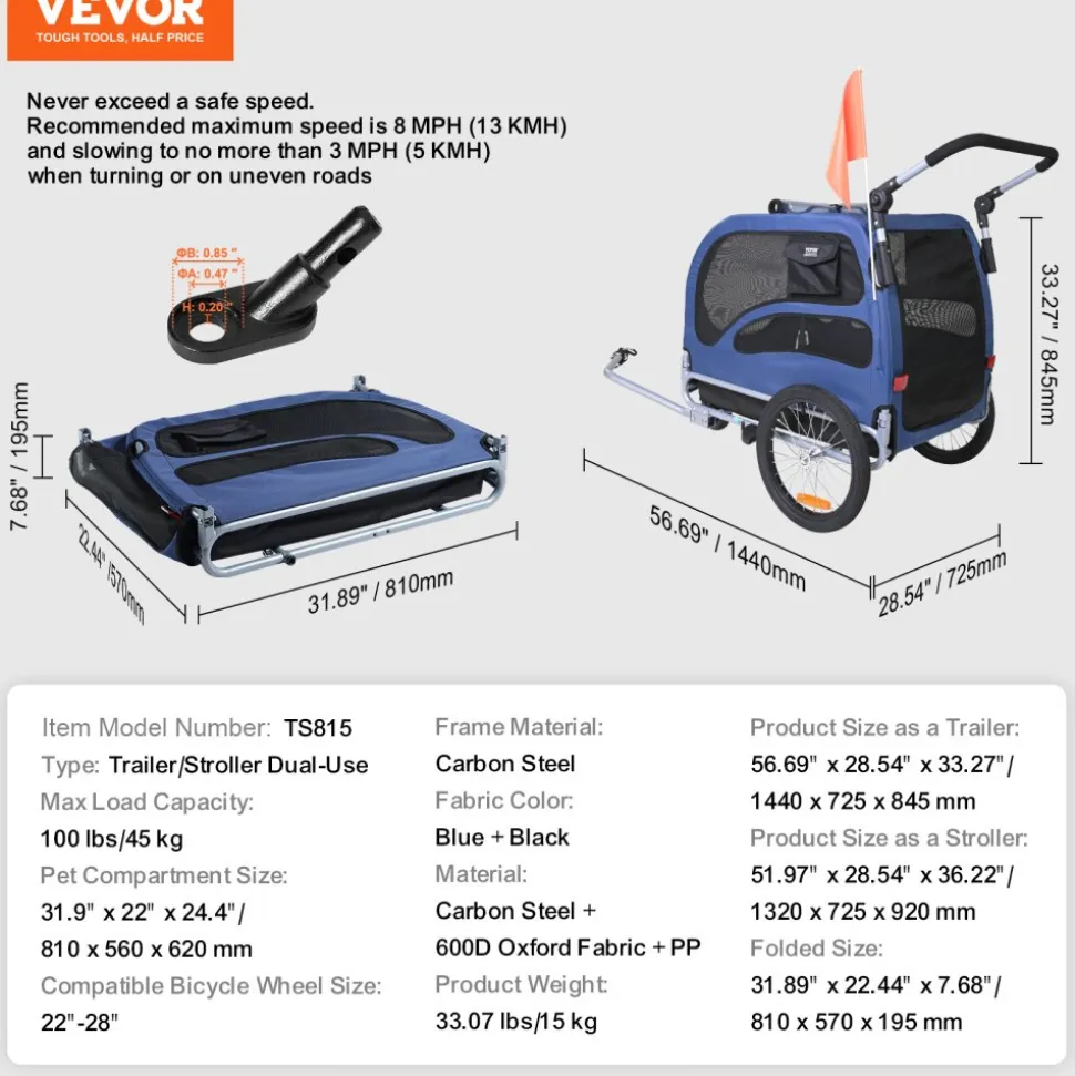 VEVOR Dog Bike Trailer, Supports up to 100 lbs, 2-in-1 Pet Stroller Cart Bicycle Carrier, Easy Folding Cart Frame with Quick Release Wheels, Universal Bicycle Coupler, Reflectors, Flag, Blue/Black