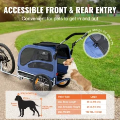 VEVOR Dog Bike Trailer, Supports up to 100 lbs, 2-in-1 Pet Stroller Cart Bicycle Carrier, Easy Folding Cart Frame with Quick Release Wheels, Universal Bicycle Coupler, Reflectors, Flag, Blue/Black