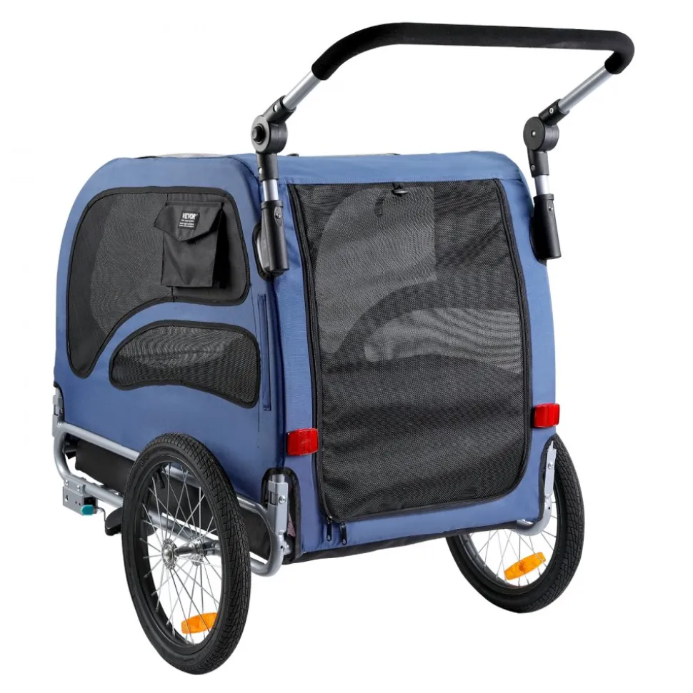 VEVOR Dog Bike Trailer, Supports up to 100 lbs, 2-in-1 Pet Stroller Cart Bicycle Carrier, Easy Folding Cart Frame with Quick Release Wheels, Universal Bicycle Coupler, Reflectors, Flag, Blue/Black