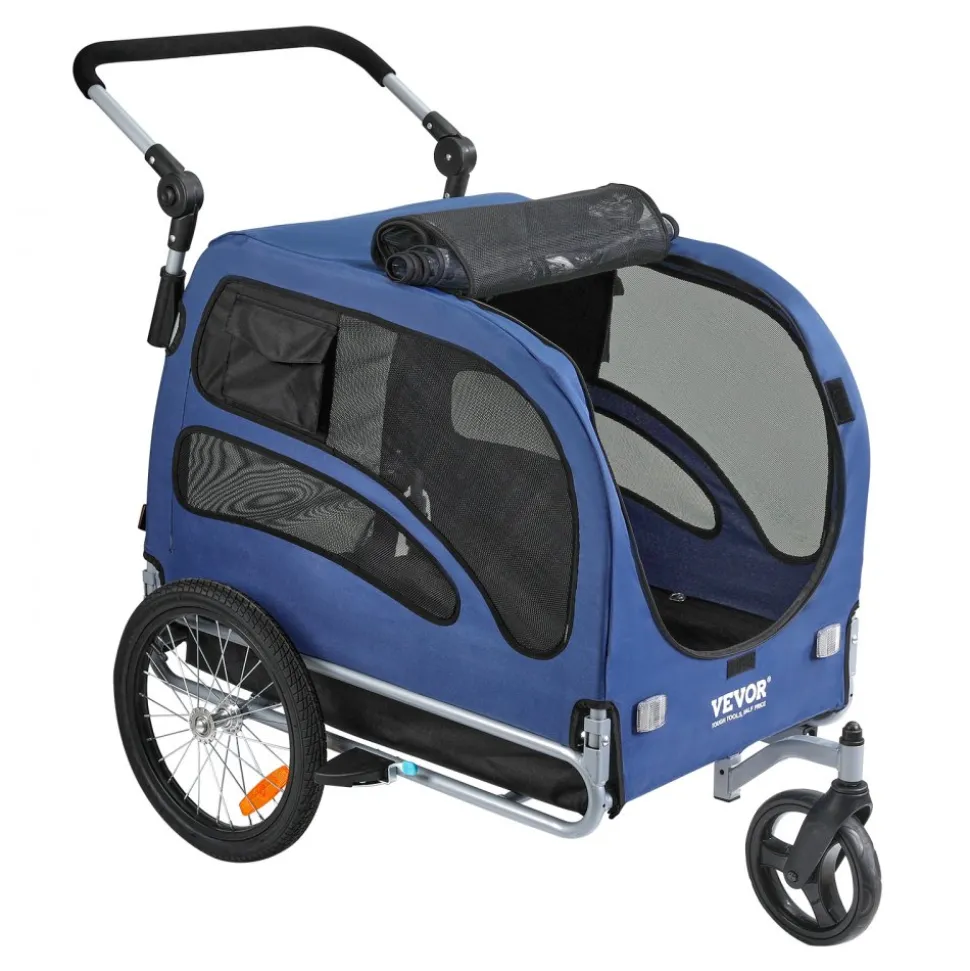 VEVOR Dog Bike Trailer, Supports up to 100 lbs, 2-in-1 Pet Stroller Cart Bicycle Carrier, Easy Folding Cart Frame with Quick Release Wheels, Universal Bicycle Coupler, Reflectors, Flag, Blue/Black