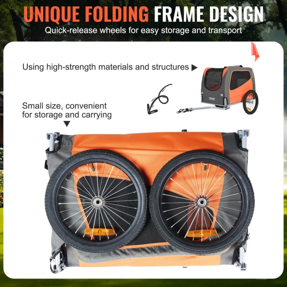 VEVOR Dog Bike Trailer, Supports up to 66 lbs, Pet Cart Bicycle Carrier, Easy Folding Frame with Quick Release Wheels, Universal Bicycle Coupler, Reflectors, Flag, Collapsible to Store, Orange/Gray