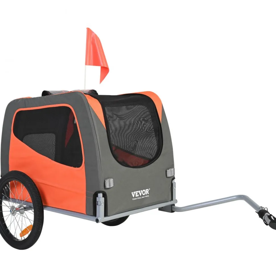 VEVOR Dog Bike Trailer, Supports up to 66 lbs, Pet Cart Bicycle Carrier, Easy Folding Frame with Quick Release Wheels, Universal Bicycle Coupler, Reflectors, Flag, Collapsible to Store, Orange/Gray