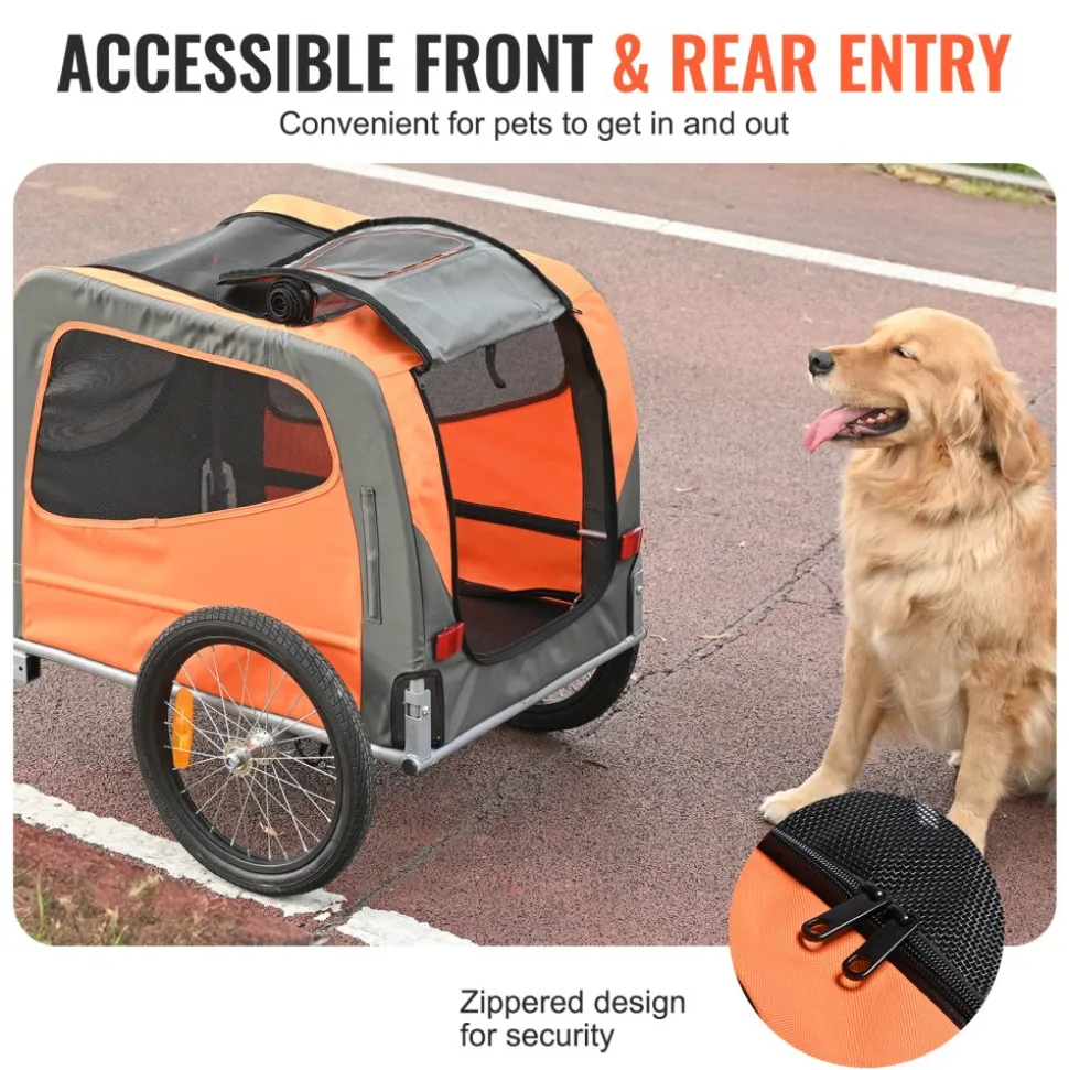 VEVOR Dog Bike Trailer, Supports up to 66 lbs, Pet Cart Bicycle Carrier, Easy Folding Frame with Quick Release Wheels, Universal Bicycle Coupler, Reflectors, Flag, Collapsible to Store, Orange/Gray