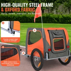 VEVOR Dog Bike Trailer, Supports up to 66 lbs, Pet Cart Bicycle Carrier, Easy Folding Frame with Quick Release Wheels, Universal Bicycle Coupler, Reflectors, Flag, Collapsible to Store, Orange/Gray