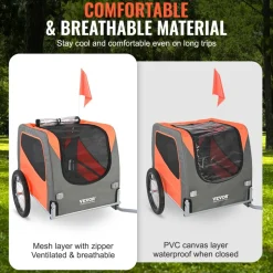 VEVOR Dog Bike Trailer, Supports up to 66 lbs, Pet Cart Bicycle Carrier, Easy Folding Frame with Quick Release Wheels, Universal Bicycle Coupler, Reflectors, Flag, Collapsible to Store, Orange/Gray