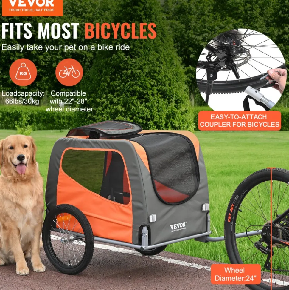 VEVOR Dog Bike Trailer, Supports up to 66 lbs, Pet Cart Bicycle Carrier, Easy Folding Frame with Quick Release Wheels, Universal Bicycle Coupler, Reflectors, Flag, Collapsible to Store, Orange/Gray