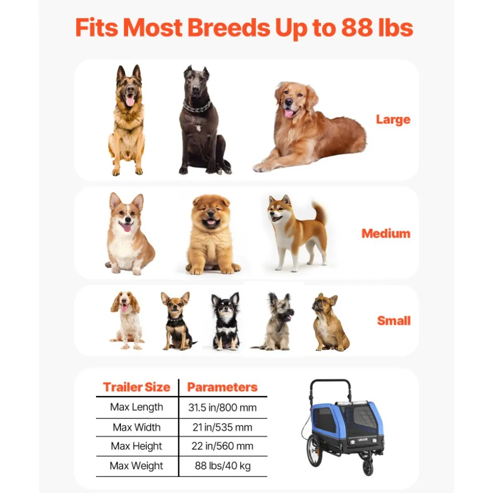 VEVOR Dog Bike Trailer, Supports up to 88 lbs, 2-in-1 Pet Stroller Cart Bicycle Carrier for Small & Large Dogs, Easy Folding Frame with Quick Release Wheel, Universal Bicycle Coupler, Internal Leash