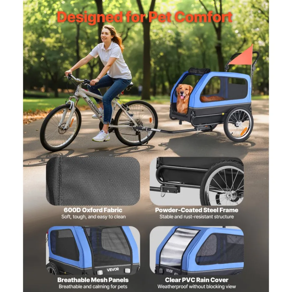 VEVOR Dog Bike Trailer, Supports up to 88 lbs, 2-in-1 Pet Stroller Cart Bicycle Carrier for Small & Large Dogs, Easy Folding Frame with Quick Release Wheel, Universal Bicycle Coupler, Internal Leash