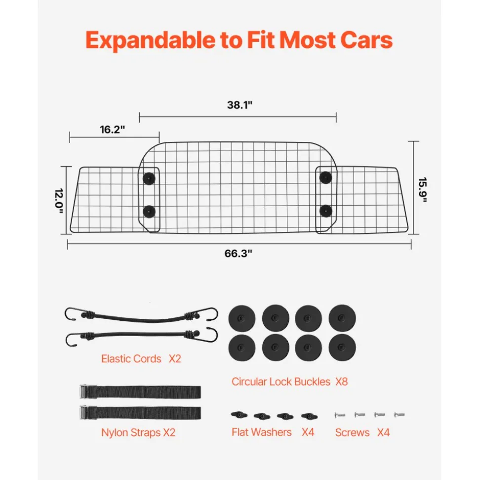 VEVOR Dog Car Barrier, 38"-66.3" Adjustable Car Divider for Trunk Cargo Area, Universal-Fit Back Seat Heavy-Duty Wire Mesh Dogs Separator Guard Net, Vehicle Pet Barrier for Sedans, Trucks and SUVs