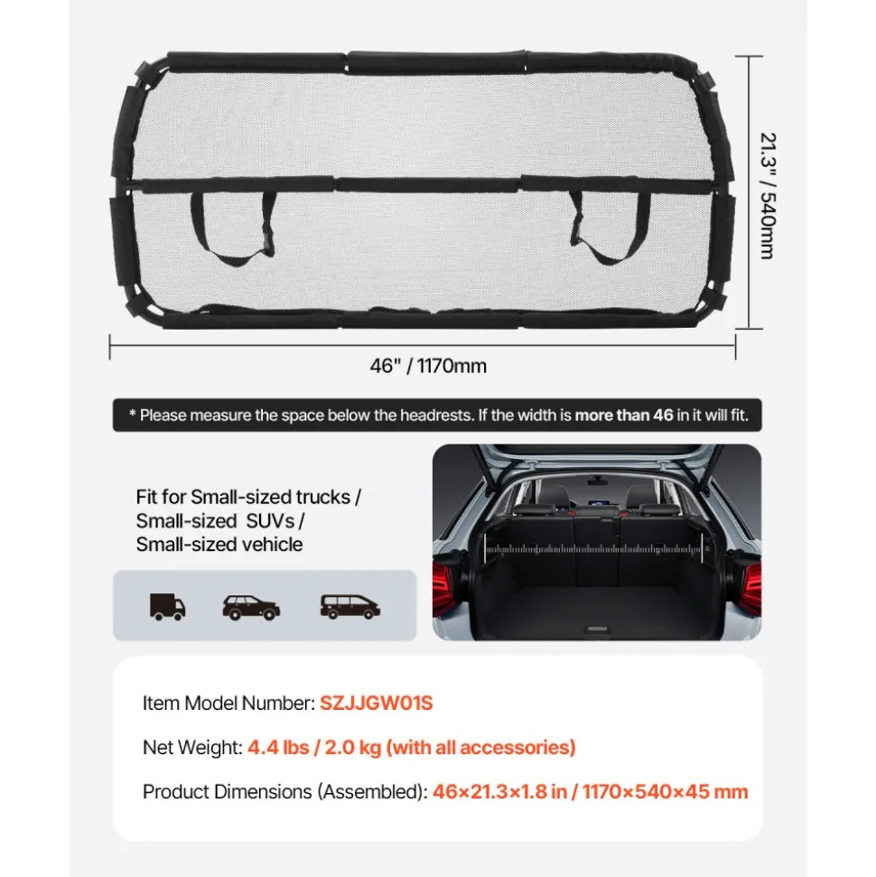 VEVOR Dog Car Barrier, 46" Wide Car Divider for Cargo Area, Vehicle Pet Barrier with See Through Net Mesh, Universal-Fit Dog Car Barrier for Small-Sized SUVs, Trucks and Vehicle, Black