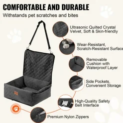 VEVOR Dog Car Seat, Dog Booster Seat for Car with A Storage Pocket, Clip-On Safety Leash, Sponge and PP Cotton Filling, Dog Car Bed for Small & Medium Dog up to 40lbs, Black