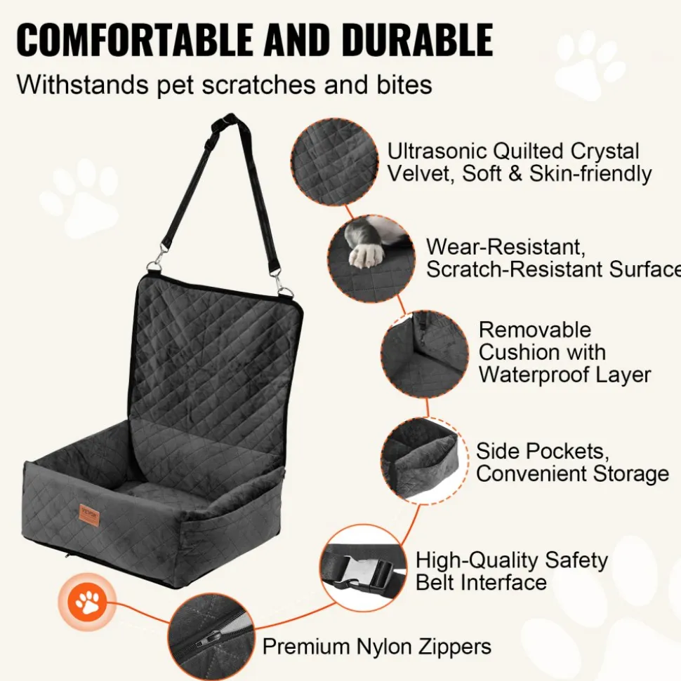 VEVOR Dog Car Seat, Dog Booster Seat for Car with A Storage Pocket, Clip-On Safety Leash, Sponge and PP Cotton Filling, Dog Car Bed for Small & Medium Dog up to 40lbs, Black