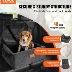 VEVOR Dog Car Seat, Dog Booster Seat for Car with A Storage Pocket, Clip-On Safety Leash, Sponge and PP Cotton Filling, Dog Car Bed for Small & Medium Dog up to 40lbs, Black
