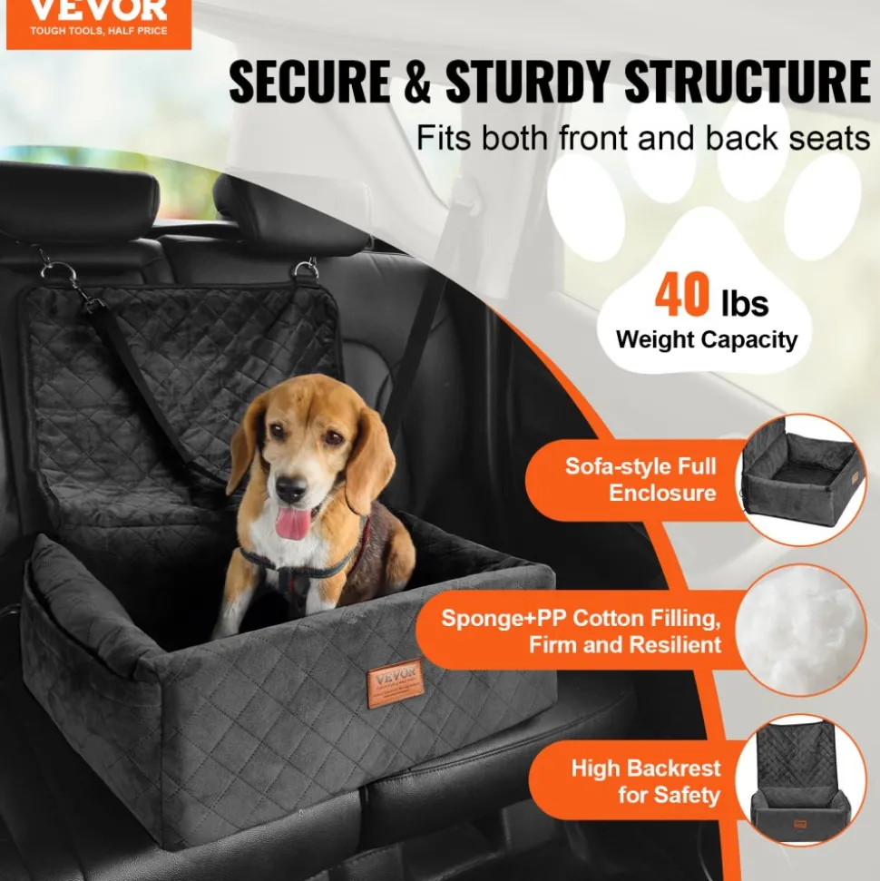 VEVOR Dog Car Seat, Dog Booster Seat for Car with A Storage Pocket, Clip-On Safety Leash, Sponge and PP Cotton Filling, Dog Car Bed for Small & Medium Dog up to 40lbs, Black