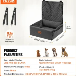 VEVOR Dog Car Seat, Dog Booster Seat for Car with A Storage Pocket, Clip-On Safety Leash, Sponge and PP Cotton Filling, Dog Car Bed for Small & Medium Dog up to 40lbs, Black