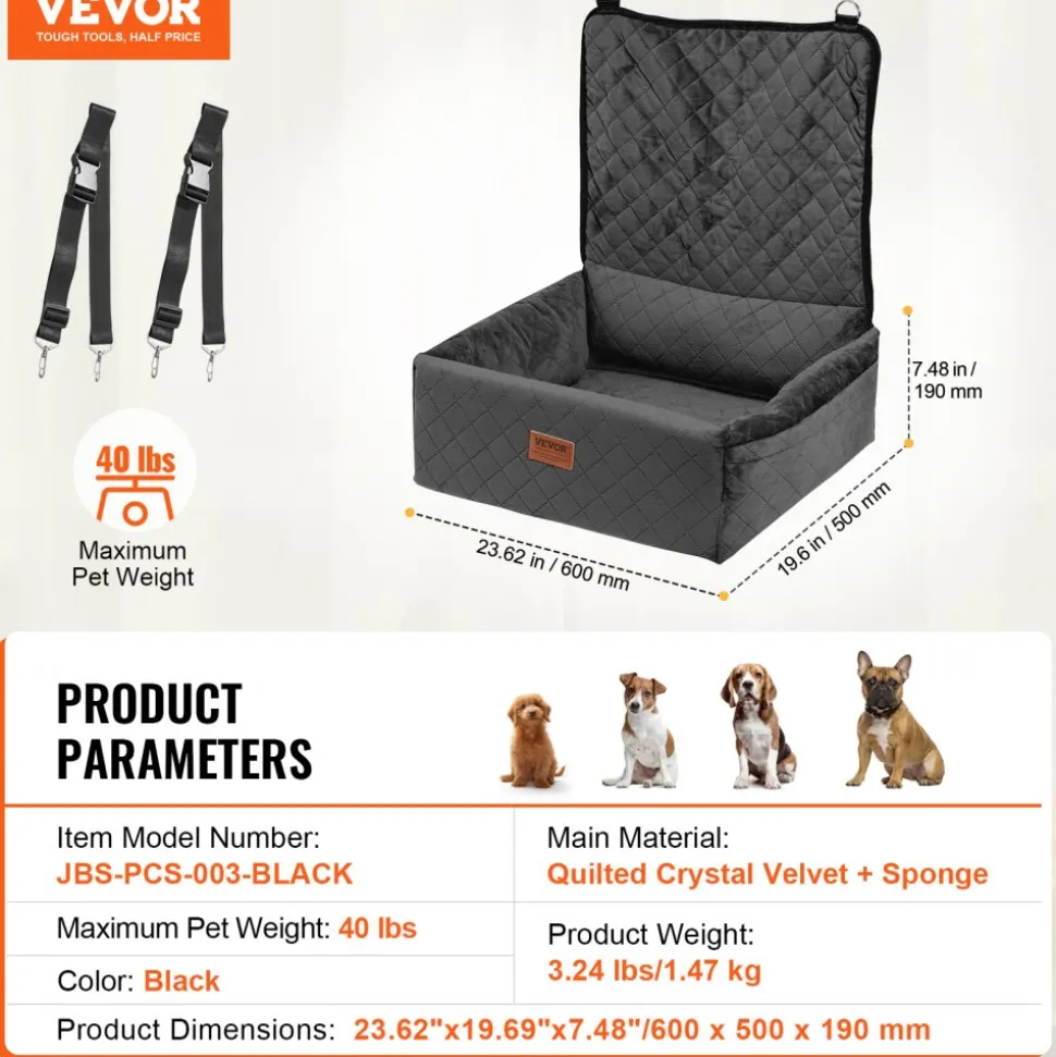 VEVOR Dog Car Seat, Dog Booster Seat for Car with A Storage Pocket, Clip-On Safety Leash, Sponge and PP Cotton Filling, Dog Car Bed for Small & Medium Dog up to 40lbs, Black