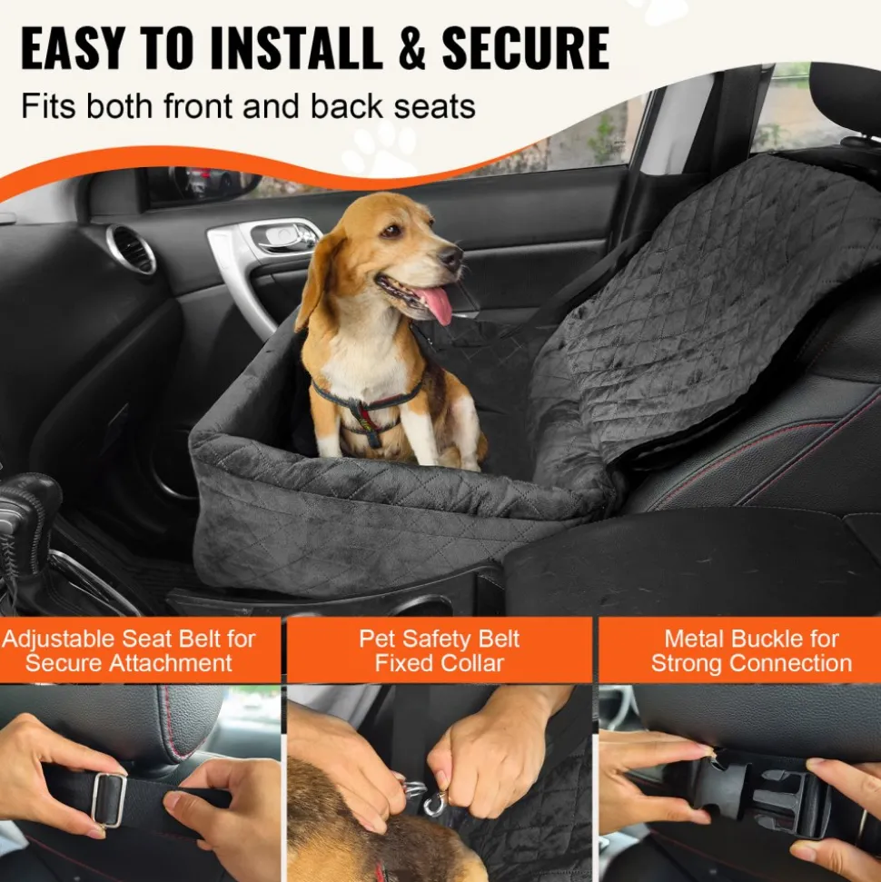 VEVOR Dog Car Seat, Dog Booster Seat for Car with A Storage Pocket, Clip-On Safety Leash, Sponge and PP Cotton Filling, Dog Car Bed for Small & Medium Dog up to 40lbs, Black