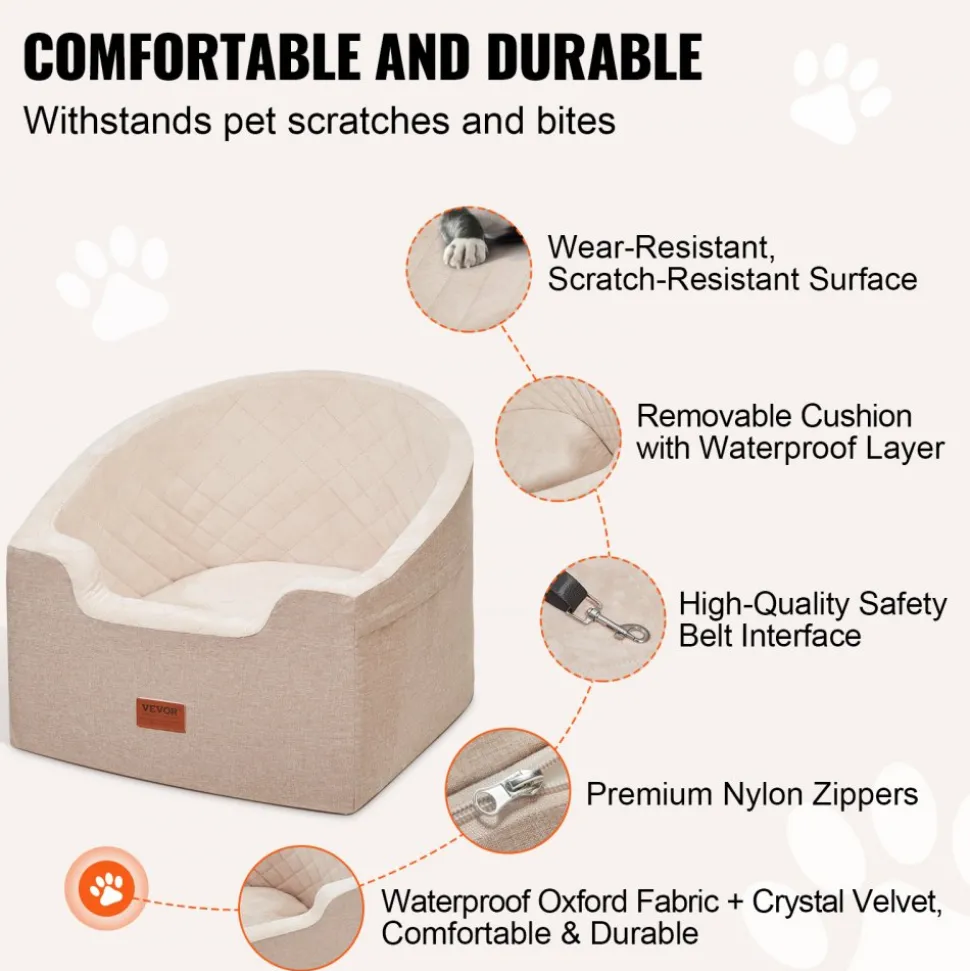 VEVOR Dog Car Seat, Waterproof Dog Booster Seat for Car with A Storage Pocket, Clip-On Safety Leash and Sponge Filling, Dog Car Bed for Small & Medium Dog up to 55lbs, Brown