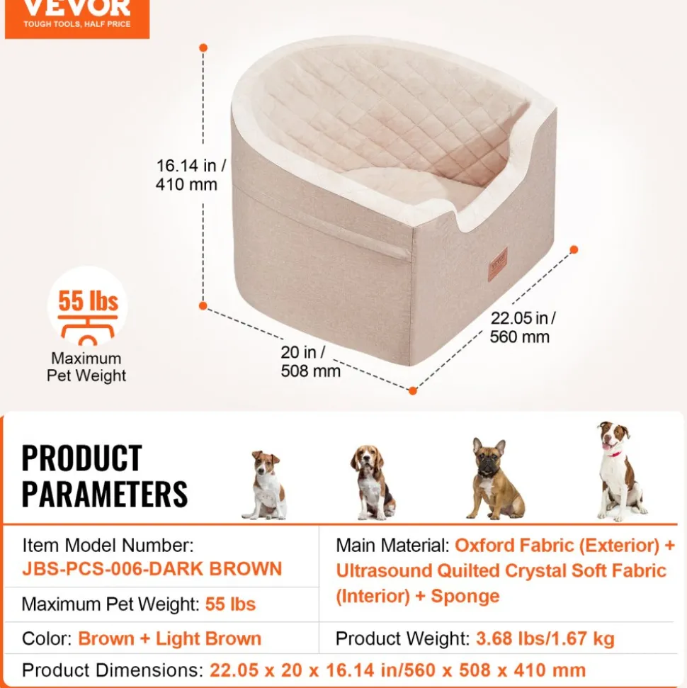 VEVOR Dog Car Seat, Waterproof Dog Booster Seat for Car with A Storage Pocket, Clip-On Safety Leash and Sponge Filling, Dog Car Bed for Small & Medium Dog up to 55lbs, Brown