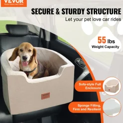 VEVOR Dog Car Seat, Waterproof Dog Booster Seat for Car with A Storage Pocket, Clip-On Safety Leash and Sponge Filling, Dog Car Bed for Small & Medium Dog up to 55lbs, Brown